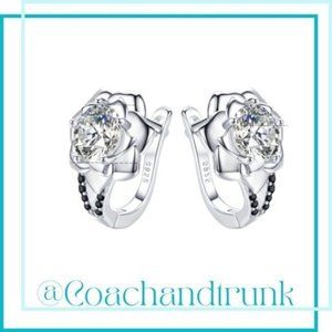 925 Sterling Silver Flower Lever Back Earrings White Crystal Black Spinel Stones
